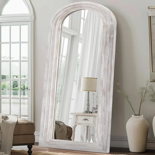 Vista 7 de ZHUNFA Espejo externo arqueado de tres capas de longitud completa con marco de madera maciza, espejo de pie moderno de 65 x 22 pulgadas, decoración