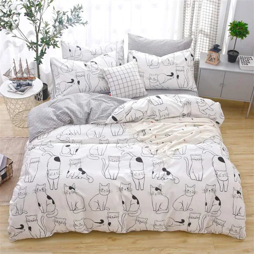 Vista 3 de Juego de funda de edredón de gatos, tamaño individual, ropa de cama 100% algodón, varios patrones de gatos de dibujos animados impresos en blanco