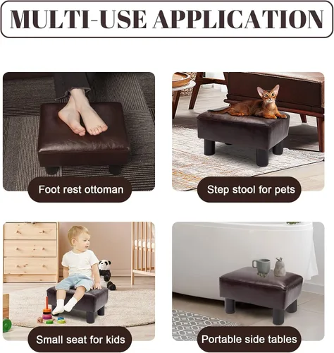 Vista 4 de Taburete otomano de piel sintética con 4 patas de plástico antideslizantes, moderno reposapiés rectangular, taburete pequeño otomano para sala
