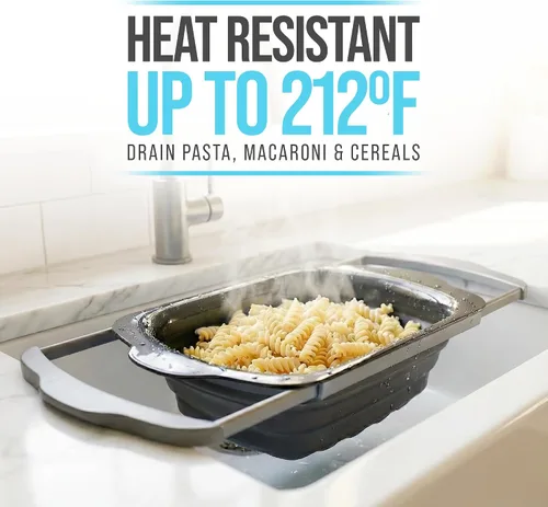 Vista 7 de Comfify Colador sobre el fregadero con asas, elegante colador de cocina de plástico negro para pasta, verduras y frutas, diseño que ahorra espacio