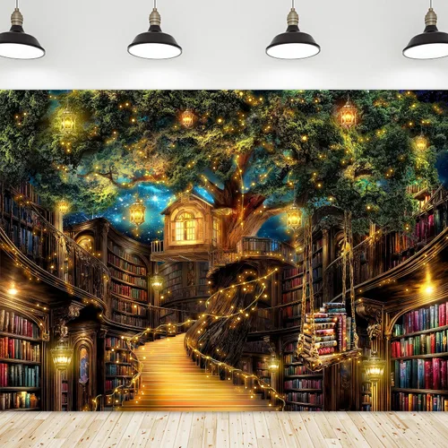 Vista 8 de Riyidecor Fondo de Biblioteca de Hadas Tela de Poliéster Estantería Árbol Encantado Bosque 5 Pies de Ancho x 3 de Alto Verde Jardín Libro Planta
