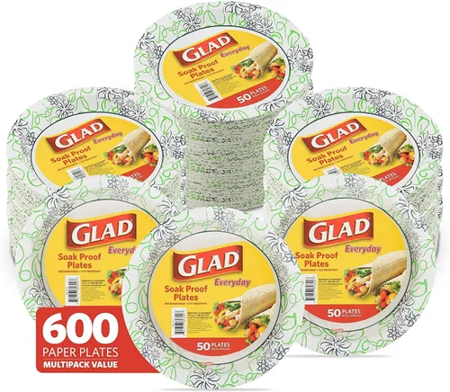 Vista 6 de Glad Platos de papel desechables redondos, flores caprichosas, 8.5 pulgadas, 12 unidades Resistente al remojo y a los cortes, apto