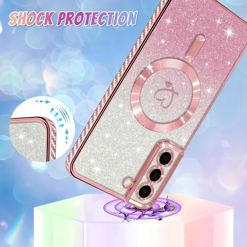 Vista 3 de Bonoma - Funda compatible con Samsung Galaxy S21 Plus, diseño de corazón con purpurina, color rosa Support for MagSafe, Plating Magnetic Case TPU