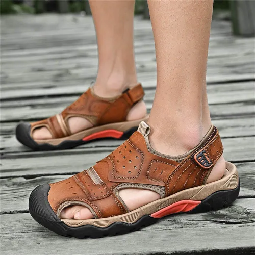 Vista 6 de Sandalias para hombre con punta cerrada, sandalias deportivas de cuero, sandalias de pescador, sandalias casuales para caminar al aire libre