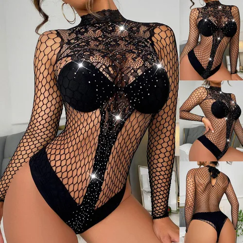 Vista 2 de Sexy Rhinestone Bodysuit for Women Fishnet Cut Out Snap Crotch Lingerie Mesh Sheer Slutty Teddy Babydoll for Sex Naughty Play