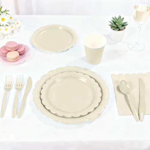 Vista 6 de 176 platos y servilletas color marfil, platos festoneados beige, servilletas, vasos, cubiertos, mantel para baby shower, boda, decoración de fiesta