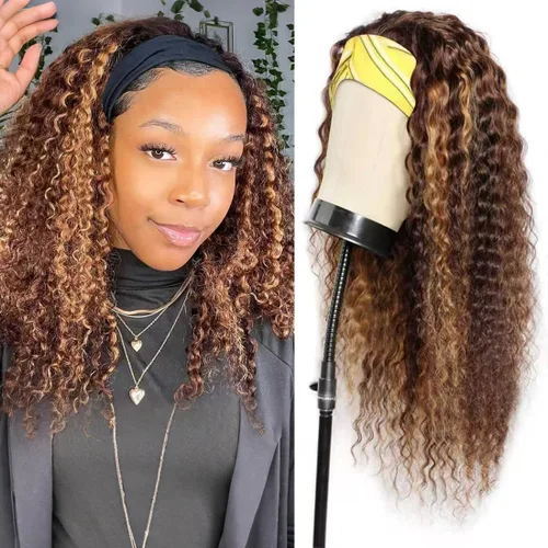 Vista 36 de Peluca con Diadema de Cabello Virgen Rubio Degradado con Ondas Profundas, Pelucas de Cabello Virgen de 8 Pulgadas, Sin Encaje Frontal para Mujeres