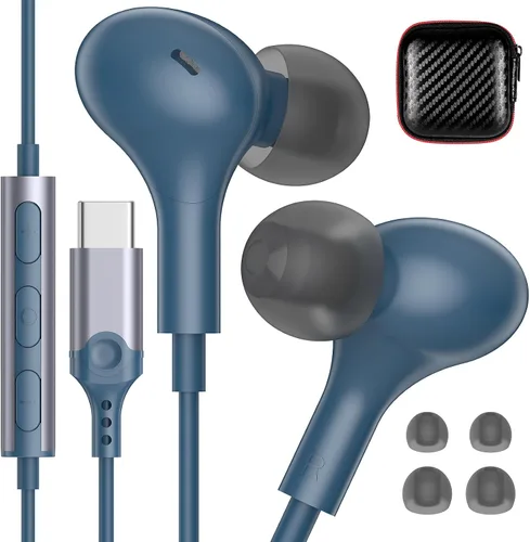 Vista 13 de Auriculares USB C para Apple/iPhone Duo 18 17 16 15 auriculares con cable con funda Blanco