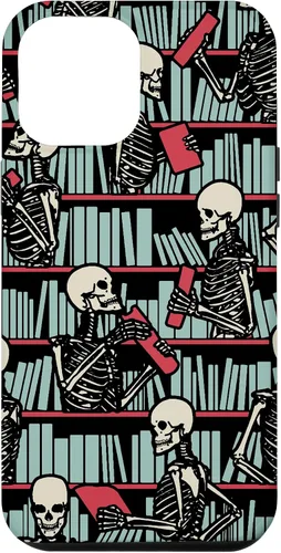 Vista 25 de iPhone 16 Bookish Public Library Skeleton Goth Librarian Books Pattern Case