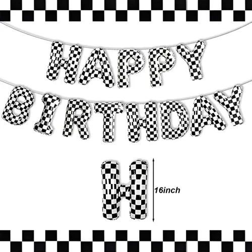 Vista 7 de Decoraciones de fiesta de cumpleaños de coche de carreras, pancarta de globos de feliz cumpleaños a cuadros en blanco y negro