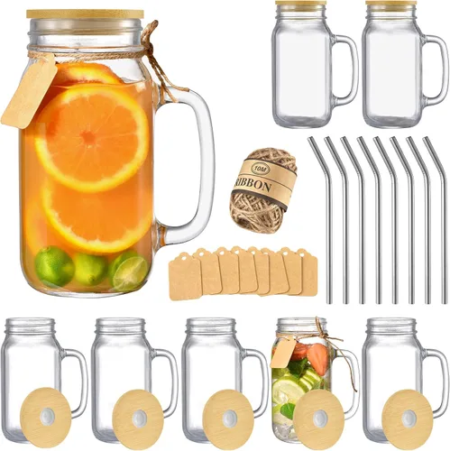 Vista 8 de TANGLONG 12 tarros Mason de 16 oz con asa y tapas para manualidades y fiestas Vasos para beber, tazas de vidrio con asas, regalos caseros, café