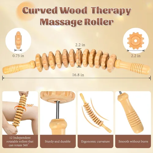Vista 5 de Herramientas de rodillo de masaje de terapia de madera curvada, masajeador de drenaje linfático de madera, herramienta de masaje para celulitis