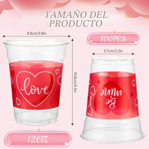Vista 2 de Meanplan 100 vasos de plástico de San Valentín de 12 onzas a granel, vasos de San Valentín a granel, vasos de corazón rosa, suministros de fiesta