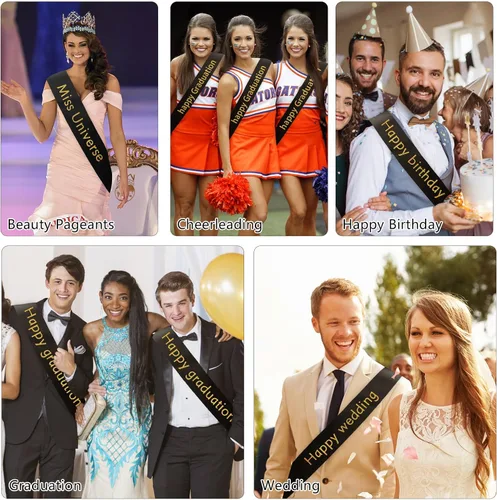 Vista 7 de Dreamtop 16 piezas de faja de satén en blanco negras para concursos, Señorita Mayor América 2026, faja para concurso de belleza