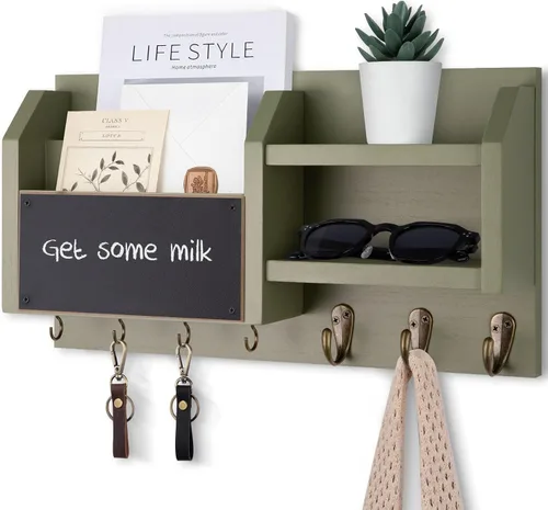 Vista 8 de Lwenki Soporte para llaves y correos – Colgador de pared para llaves con estante y 7 ganchos de metal – Organizador decorativo de entrada de madera