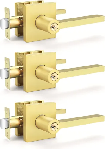 Vista 45 de EHOMEWARE Juego de manijas dobles para puerta delantera, paquete de 1 manija de puerta cuadrada de latón satinado, combinación de perilla de puerta