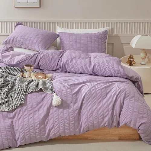 Vista 17 de WARMDERN - Juego de funda de edredón tamaño Queen, juego de ropa de cama de 3 piezas de microfibra lavada color beige, funda de edredón con textura