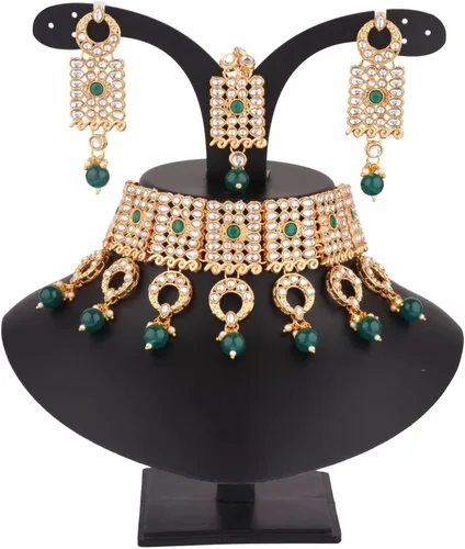 Vista 3 de Efulgenz Indian Jewelry Set Kundan Crystal Choker Necklace Dangle Earrings Maang Tikka Head Chain Bollywood Wedding Jewelry for Women