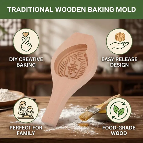 Vista 3 de Zerodis Mooncake - Modelo de madera, modelo de pastel de luna de festival con patrón de flores 3D, herramientas de decoración para galletas