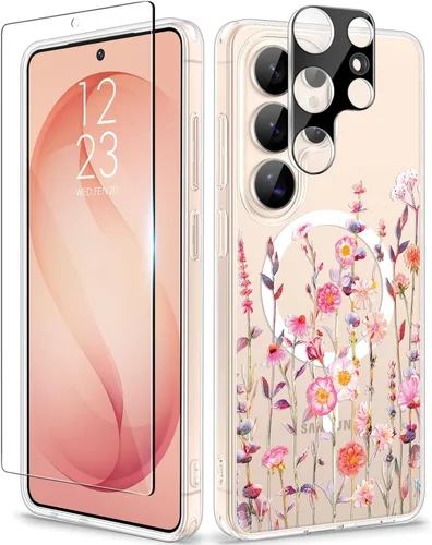 Vista 77 de GVIEWIN Funda protectora para Samsung Galaxy S25, transparente floral, delgada, a prueba de golpes, para mujer, no se pone amarilla, con protector