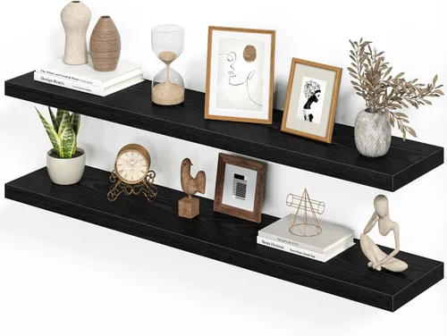 Vista 13 de Heimlove Juego de 2 estantes flotantes de 16 pulgadas para pared, estante negro para baño pequeño, dormitorio, sala de estar, cocina, decoración