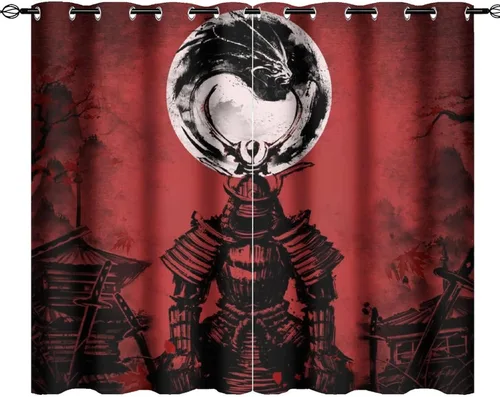 Vista 22 de Cortinas opacas abstractas japonesas samuráis para dormitorio, caballo samurái rústico, rojo, ojal, aislamiento térmico, cortinas de oscurecimiento