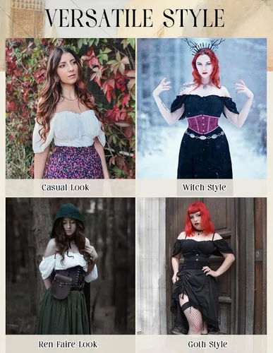 Vista 6 de Scarlet Darkness Camisa Renacentista para Mujer con Hombros Descubiertos y Mangas Cortas con Volantes, Blusa Campesina de Verano con Cuello Cuadrado