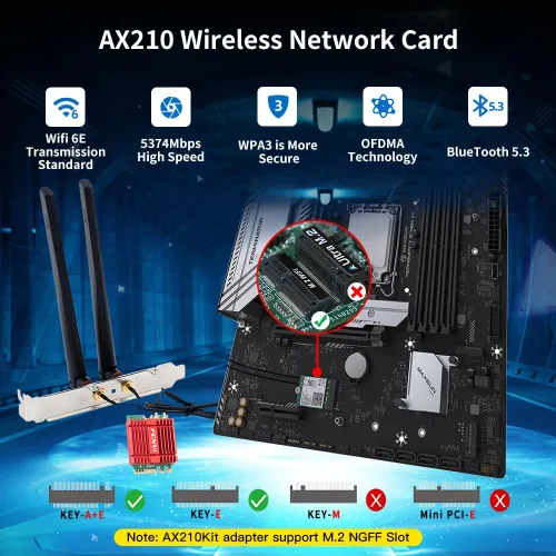 Vista 4 de FENVI WiFi 6E Kit de actualización de escritorio con Intel AX210-5400Mbps Tri-Band 6GHz y BT 5.3 Incluye tarjeta WiFi M.2 2230 AX210NGW, antenas