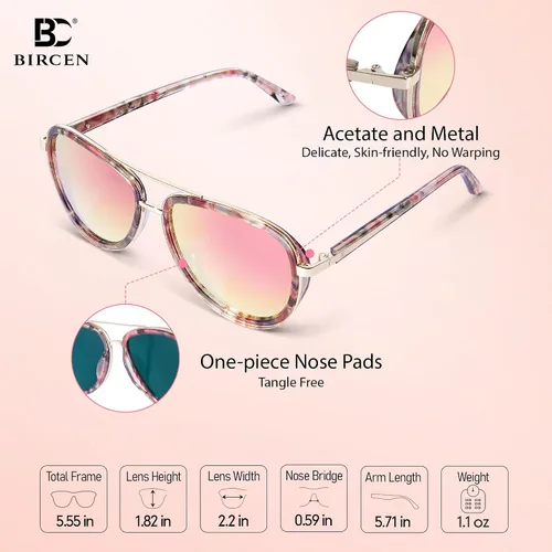 Vista 3 de BIRCEN Gafas de sol polarizadas para mujer con protección UV - Sombras retro espejadas con montura de acetato BC2001 A-Rosa