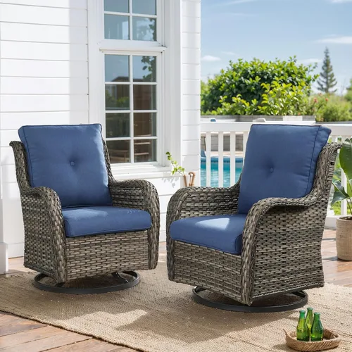 Vista 24 de HUMMUH Juego de 2 Sillas Giratorias Mecedoras de Mimbre para Patio Exterior, Juego de Muebles de Sillas Mecedoras de Ratán (Marrón, Azul) 50,000