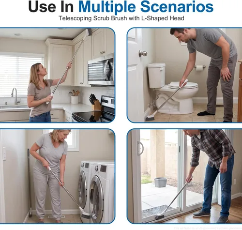 Vista 2 de Cepillo multifuncional extensible de mango largo, limpiador de hendiduras y zócalos con cabezal de cepillo de inodoro curvado, 1 unidad