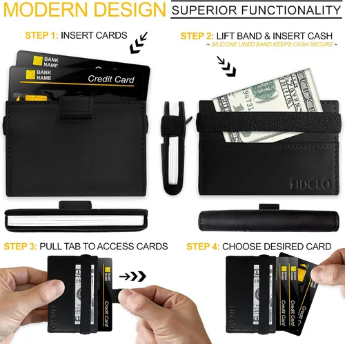 Vista 5 de Fidelo Bifold Leather Minimalist Wallet RFID Slim Wallet for Men with Money Clip
