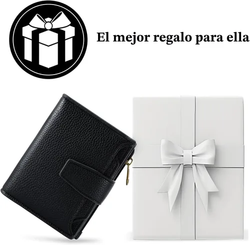 Vista 7 de Airkit Cartera para mujer, pequeña cartera de cuero para mujer, plegable, compacta, con bloqueo RFID, tarjetero de crédito, mini bolso de viaje