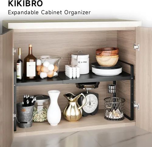 Vista 5 de Organizador de estante expandible para gabinete, almacenamiento apilable para mostrador de despensa de cocina, soporte ajustable para armario