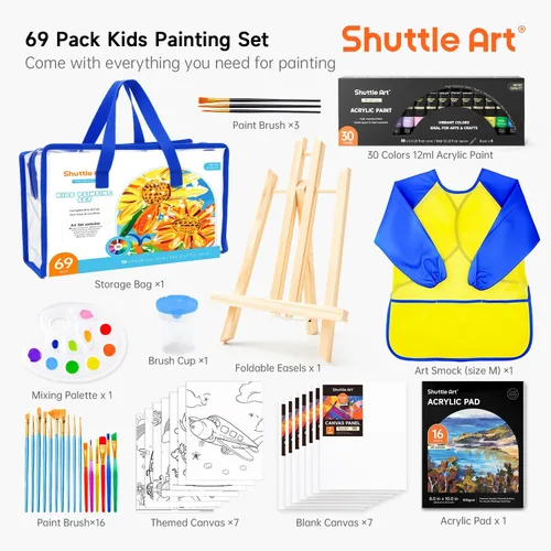 Vista 3 de Juego de 48 pinturas acrílicas para niños, Shuttle Art 30 colores de pintura acrílica con caballete de madera, lienzo, bloc de pintura, pinceles