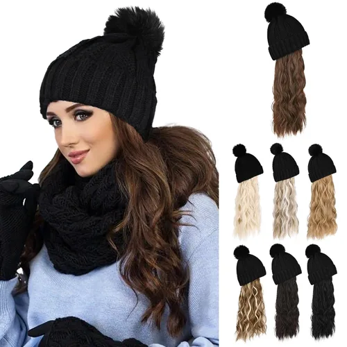 Vista 8 de Flufymooz Gorro con peluca, extensión de pelo con gorro de piel sintética con pompón largo ondulado rizado, peluca con gorro adjunto de 20 pulgadas