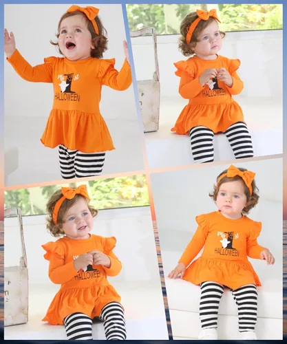 Vista 3 de Noubeau My 1st Halloween Baby Girl Outfits Ruffle Pumpkin Print Túnica Drees Camisa Pantalones Rayas Legging Otoño Invierno Ropa