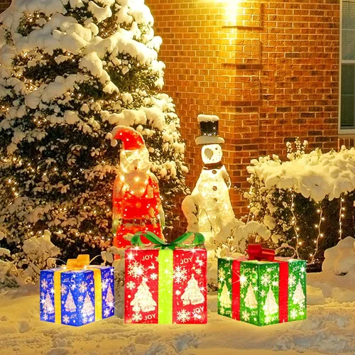 Vista 3 de LAMPHOME Juego de 3 Cajas de Regalo Iluminadas con 70 LED de Navidad, Luces Blancas Cálidas con Intermitente, Cajas Decorativas para Sendero, Adorno