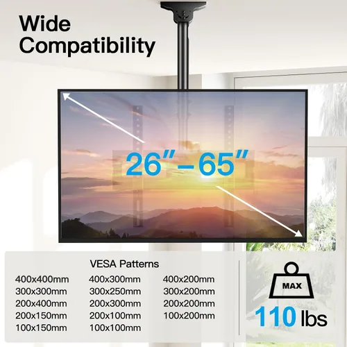 Vista 2 de PERLESMITH Soporte de TV de techo para pantallas planas de 26 a 65 pulgadas, VESA máximo de 15.748 x 15.748 in, soporte de TV de techo ajustable