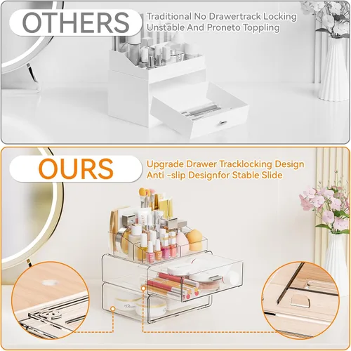 Vista 5 de Yieach Organizadores de maquillaje de 3 niveles en acrílico transparente con 2 cajones, soporte de maquillaje tiered de escritorio y organizadores