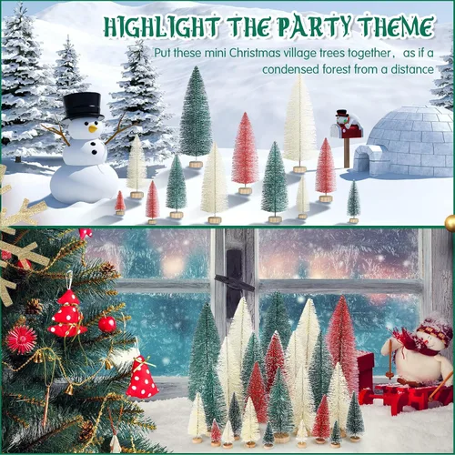 Vista 4 de Geetery 25 mini árboles de Navidad, árboles artificiales con base de madera, árbol de nieve de sisal de pueblo navideño para decoración de invierno