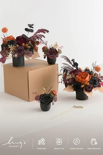 Vista 5 de Ling's moment Centro de mesa de boda flor con jarrón para ceremonia/recepción, mantel de mesa, arco, pasillo, juego de 4 negro y terracota