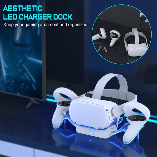 Vista 7 de Base de carga VR para Oculus Quest 2, pantalla de auriculares mejorada con luz LED, soporte de carga rápida, accesorios de montaje para controlador