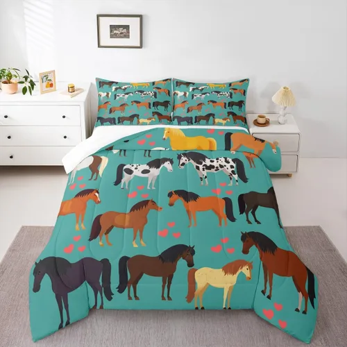 Vista 20 de Juego de edredón de vaquero individual, ropa de cama occidental para niños y hombres, ilustración dibujada a mano de caballo americano salvaje