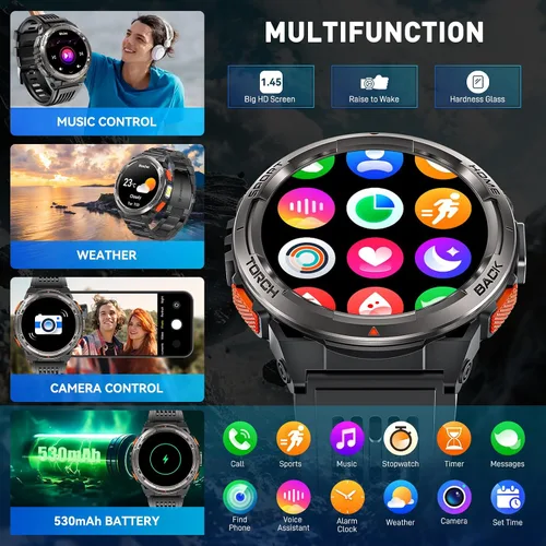 Vista 7 de Relojes inteligentes militares para hombres con linterna LED, reloj inteligente táctico resistente con 1.45 pulgadas HD, 3ATM impermeable y brújula