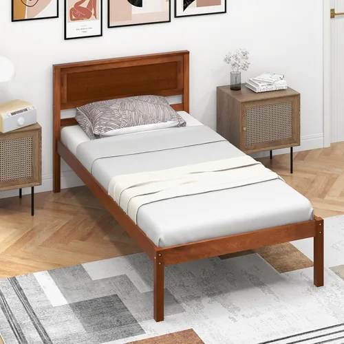 Vista 7 de Giantex Base de cama individual con cabecero, cama de plataforma de madera maciza con soporte de listones de madera, cama individual