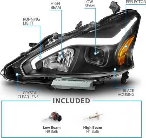 Vista 4 de AmeriLite Juego de faros delanteros cuadrados negros para Nissan Altima de 4 puertas sedán 2013-2015, lado del pasajero y del conductor