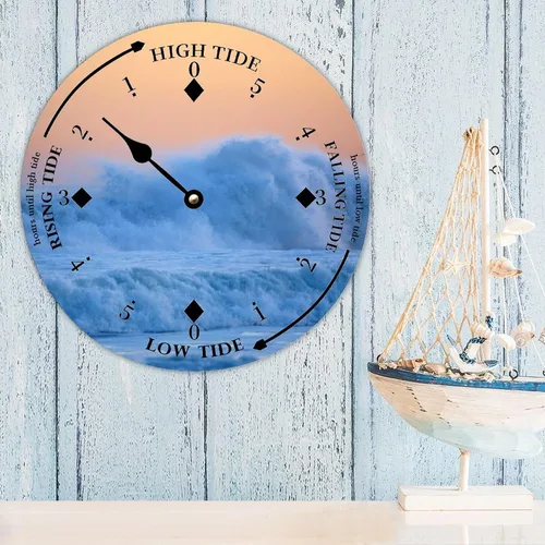 Vista 3 de Reloj de marea con marea alta y baja, la pared del océano Pacífico, reloj de marea de madera, luna, hora del océano, reloj costero, reloj