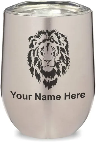 Vista 23 de LaserGram Vaso de vino de acero inoxidable de doble pared, cabeza de león, grabado personalizado incluido (negro)