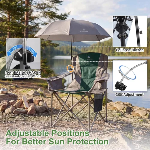 Vista 5 de Paquete de 2 sillas de campamento de gran tamaño con paraguas ajustable, silla de césped acolchada plegable con respaldo y reposabrazos cómodos